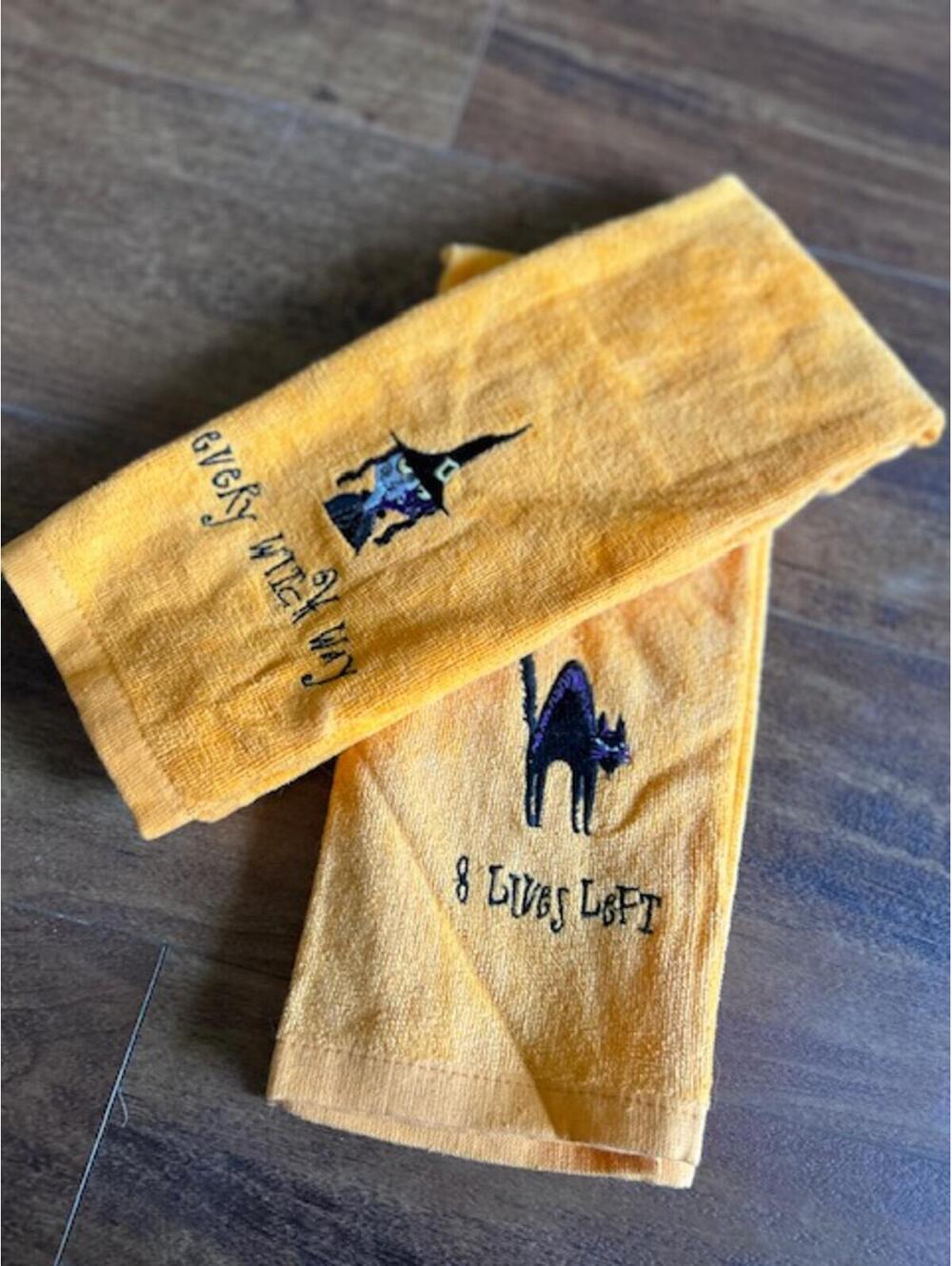 Halloween Themed Kitchen Towels Set of 2 - Witch and Black Cat Embroidery